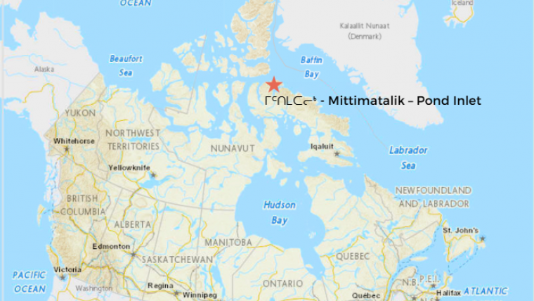 Map of Canada with Mittimatalik–Pond Inlet identified. Geo.ca